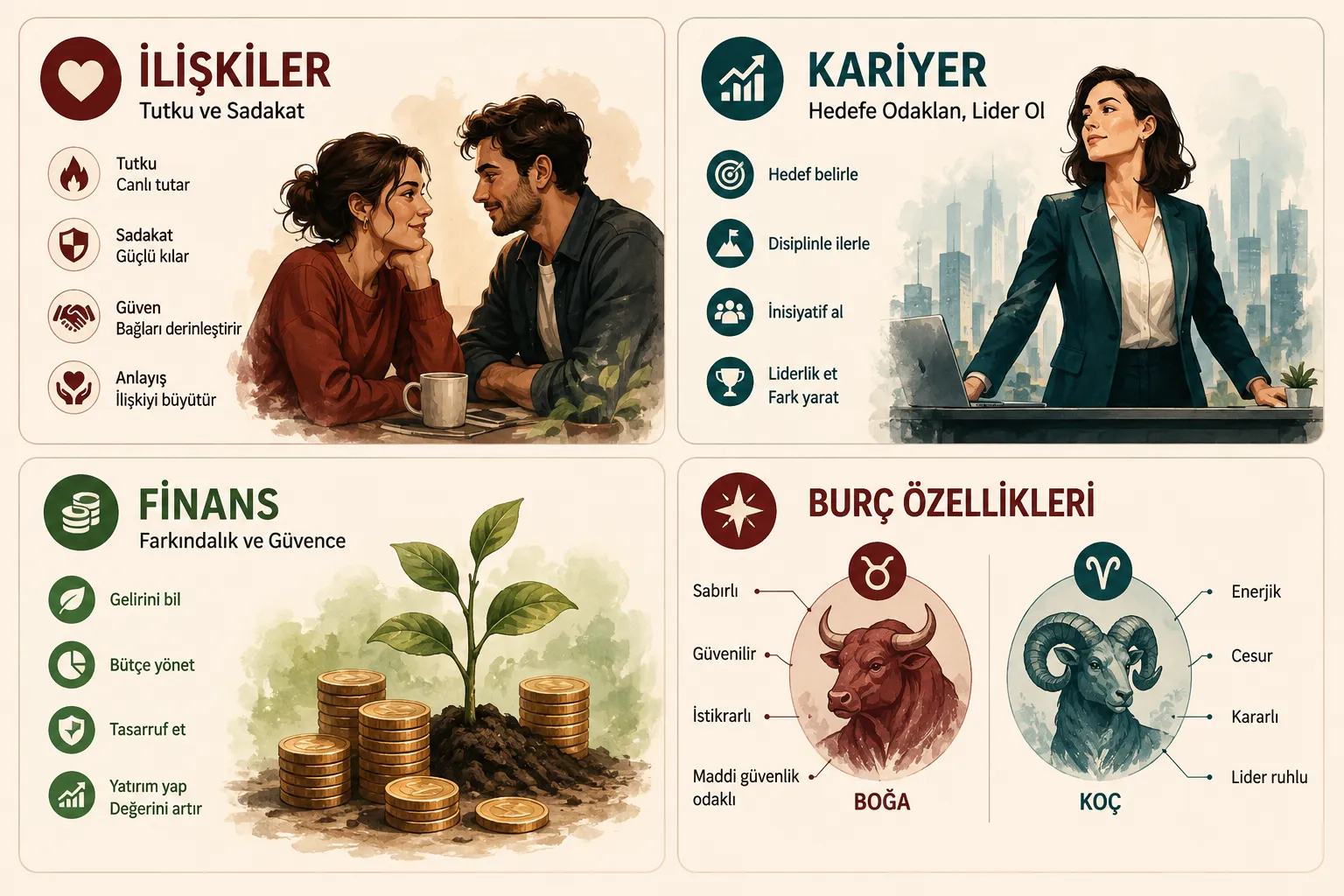 Güneş Boğa Yükselen Koç kariyer ve para konusunda nasıl bir profil çizer?