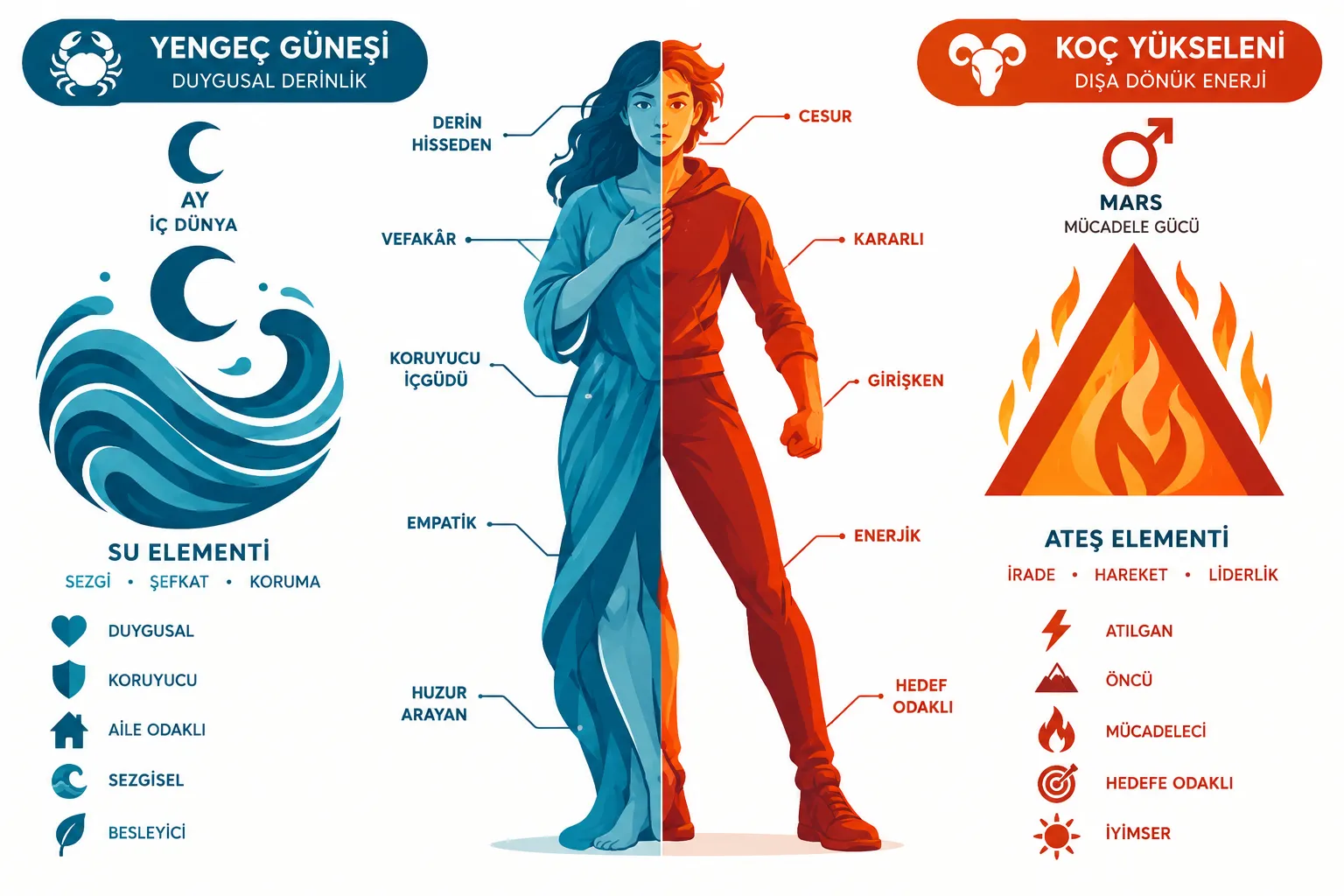 Güneş Yengeç Yükselen Koç kombinasyonu astrolojide ne anlama gelir?